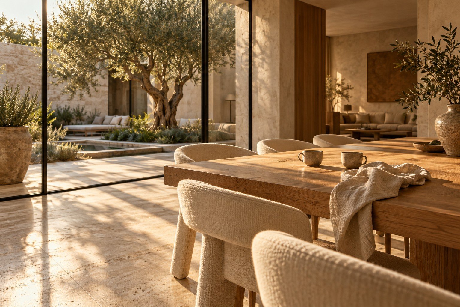 Sala de jantar acolhedora, com madeira, luz natural e vista para um jardim